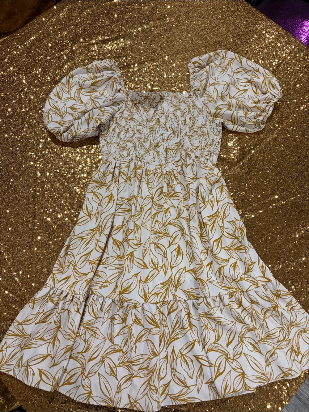 HYFVE White Dress with Mustard Leaf Print and Puff Sleeves